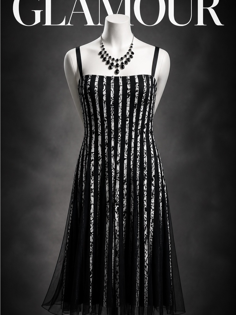 JS Collections Black and White Striped Lace Midi Dress